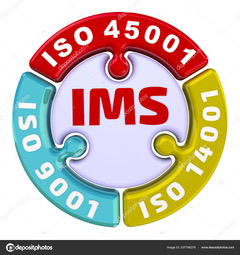 The inscription "IMS. ISO 9001, ISO 14001, ISO 45001" on the puzzle in the shape of a circle. 3D Illustration. Isolated